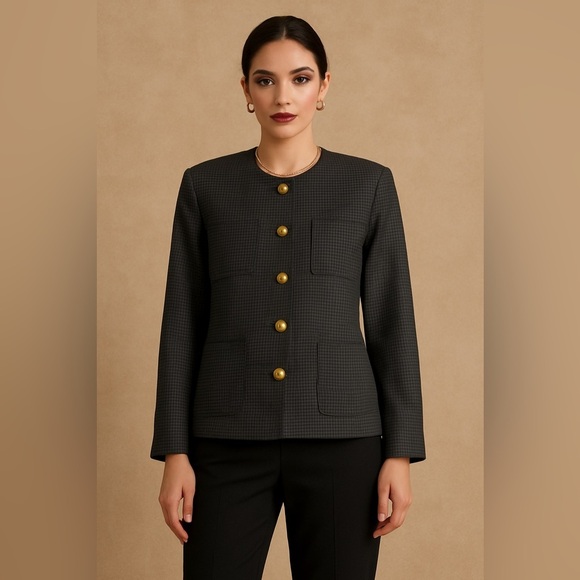 Devonshire Cream Jackets & Blazers - Vintage Devonshire Cream Gold Buttons Wool Houndstooth Boxy Blazer Size 14